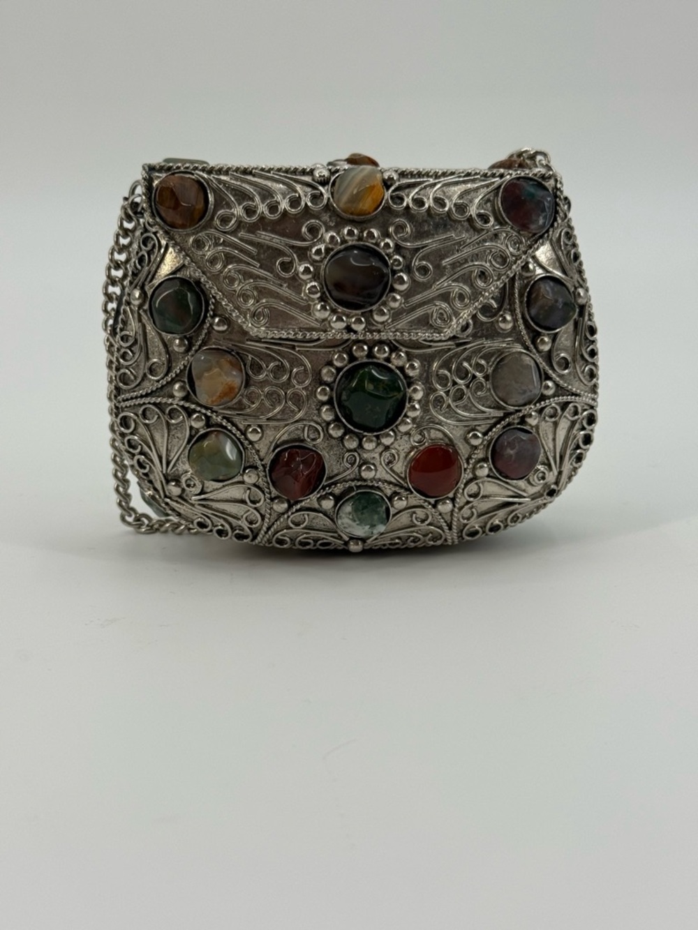 Vintage Sajai Metal Crossbody Purse Natural Agate Stones Filigree Chain Boho Bag